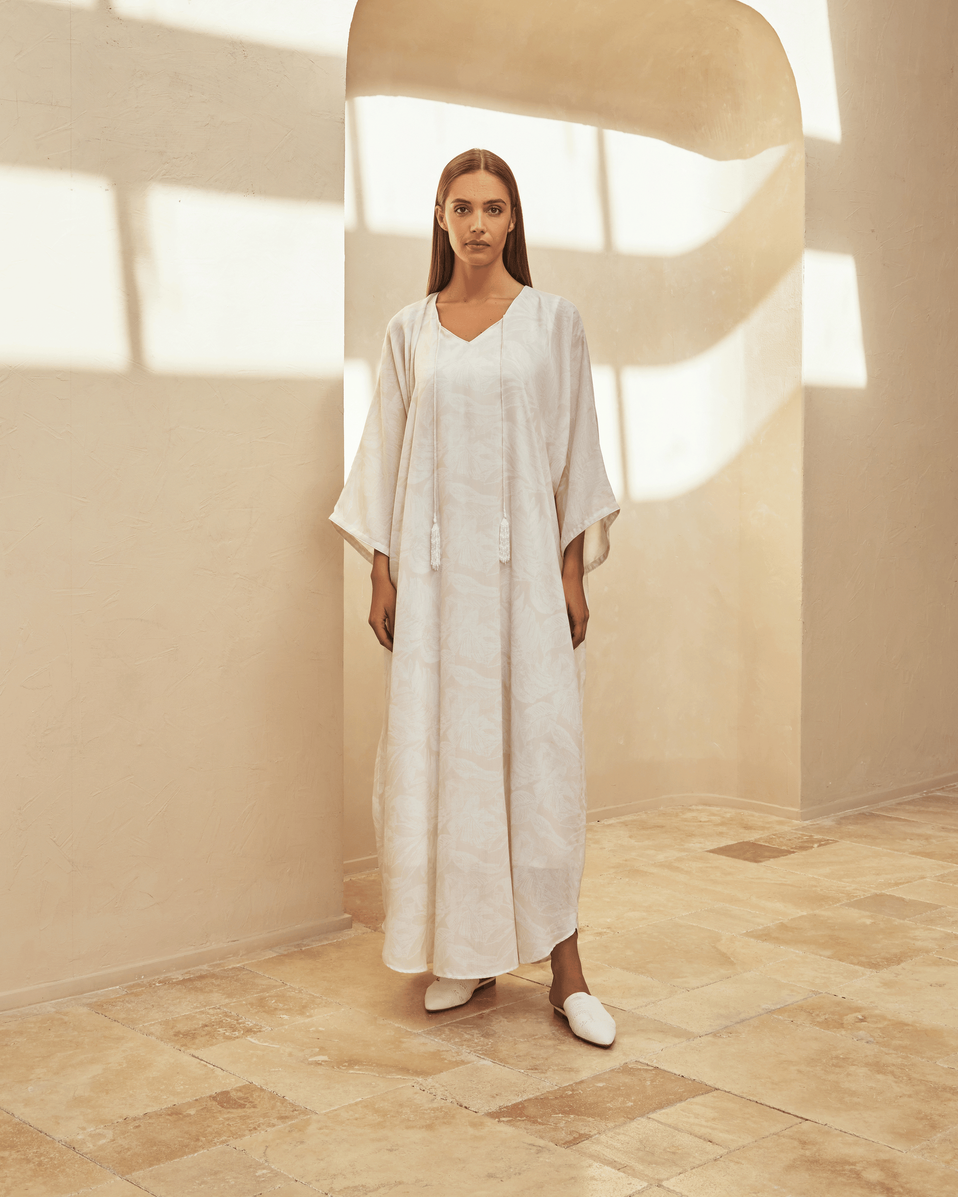 WILD LEAF KIMONO STYLE DRESS WITH TASSELS inpatterned WILD LEAF KIMONO STYLE DRESS WITH TASSELS inpatterned
